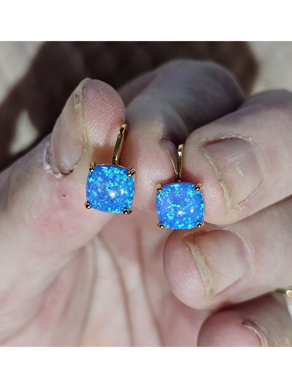 Stunning Lab Blue Fire Opal Earrings Gold-plated Leverback Huggies